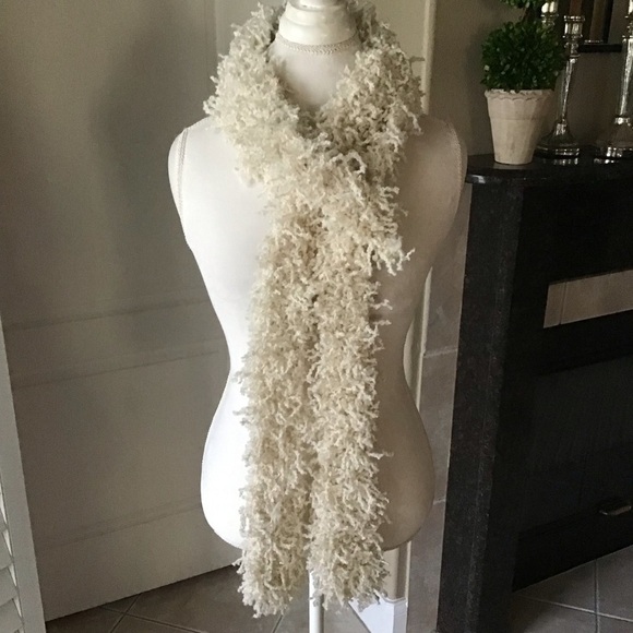 Eyelash Yarn Ivory Scarf Boa LONG 4x90” Maxi Boho Hippie Fringe Rockstar Style - Picture 7 of 14